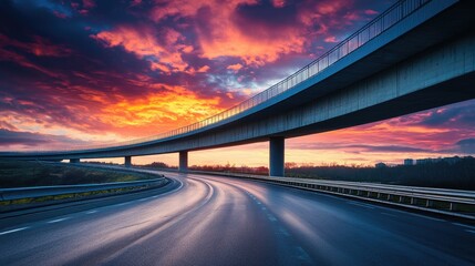 Obraz premium A sleek highway road curving under a modern overpass, glowing with the warm hues of a vivid sunset sky.