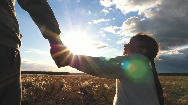 child mother father hand sunset sky, hand mom dad kid girl, happy family childhood dream, parenthood motherhood, parent girl kid daughter hand, family walk park summer beautiful sunset, girl dream