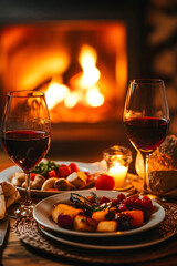 Romantic dinner with wine, roasted vegetables, and candlelight in front of a warm fireplace