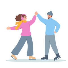 Couple of happy people happy on skating ice rink in winter. Snowy season outdoor activity. Male and female Characters in warm clothes dancing on ice. Vector illustration isolated on white background.