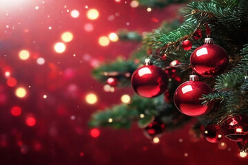 Obraz premium A beautifully decorated Christmas tree with baubles hanging on its lush fir branches, set against a radiant red glittering background with soft, abstract holiday lights creating a warm, magical ambia