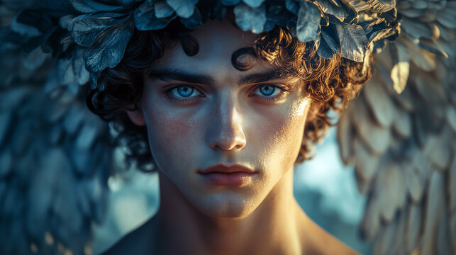 Portrait of an ancient mythological character with wings. 