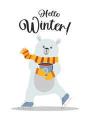 Cute cartoon polar bear drinks hot cocoa and skates. Vector.