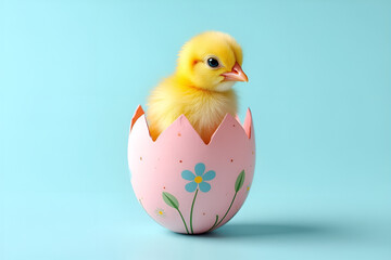 Newborn yellow chick emerging from a decorated pink easter egg on a light blue background, representing new life and spring celebrations
