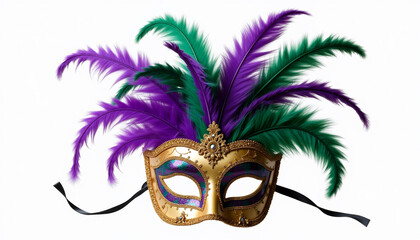 Mardi Gras mask with vibrant feathers and ornate details on a white background