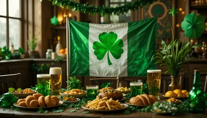 Festive St. Patrick's Day celebration with green decorations, food, beer, and shamrock flag backdrop
