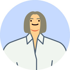 Smiling professional woman with gray hair and a white shirt, set against a light blue circular background, creating a modern and approachable avatar icon