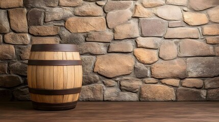 Rustic Barrel against Stone Wall: A solitary, weathered wooden barrel stands against a rustic stone wall, evoking a sense of tradition and craftsmanship. The image is perfect for showcasing products.