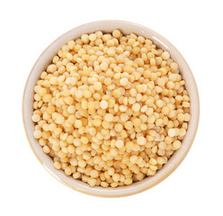 Raw couscous in bowl isolated on white, top view