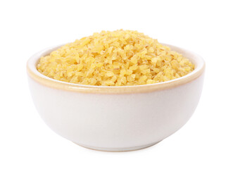 Raw bulgur in bowl isolated on white