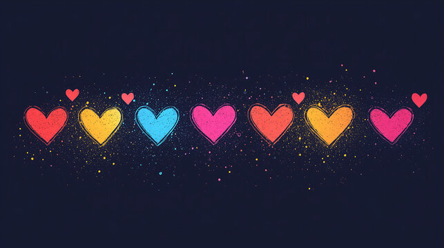 row of colorful textured hearts with paint splatters on a dark background Smaller hearts float above Vibrant and modern design