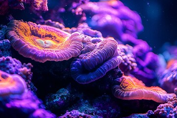 Obraz premium Vivid fluorescent corals glowing in vibrant purple and orange hues underwater
