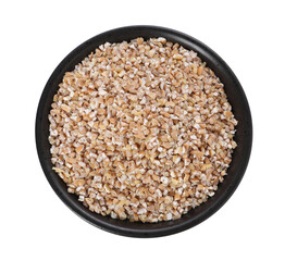 Dry wheat groats in bowl isolated on white, top view