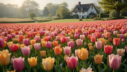 Spring tulip field, vibrant colors, quaint cottage, picturesque landscape
