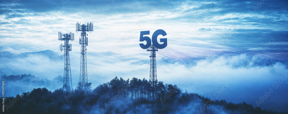 Poster telecommunication tower with cellular antennas for 5g mobile internet