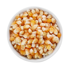 Fresh corn kernels in bowl isolated on white, top view