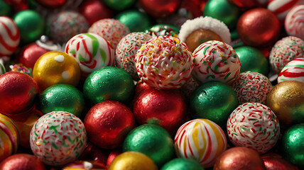 Fototapeta premium Colorful candy balls in red, green, and gold, close-up view.