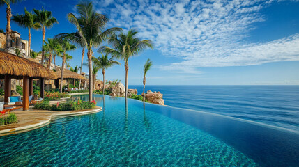 Luxury Infinity Pool  Ocean View  Tropical Resort  Palm Trees  Cliffside Paradise