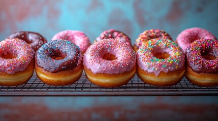 A tempting selection of donuts features pink and chocolate icing, topped with vibrant sprinkles, arranged neatly on a cooling rack. The background radiates a warm, inviting glow.