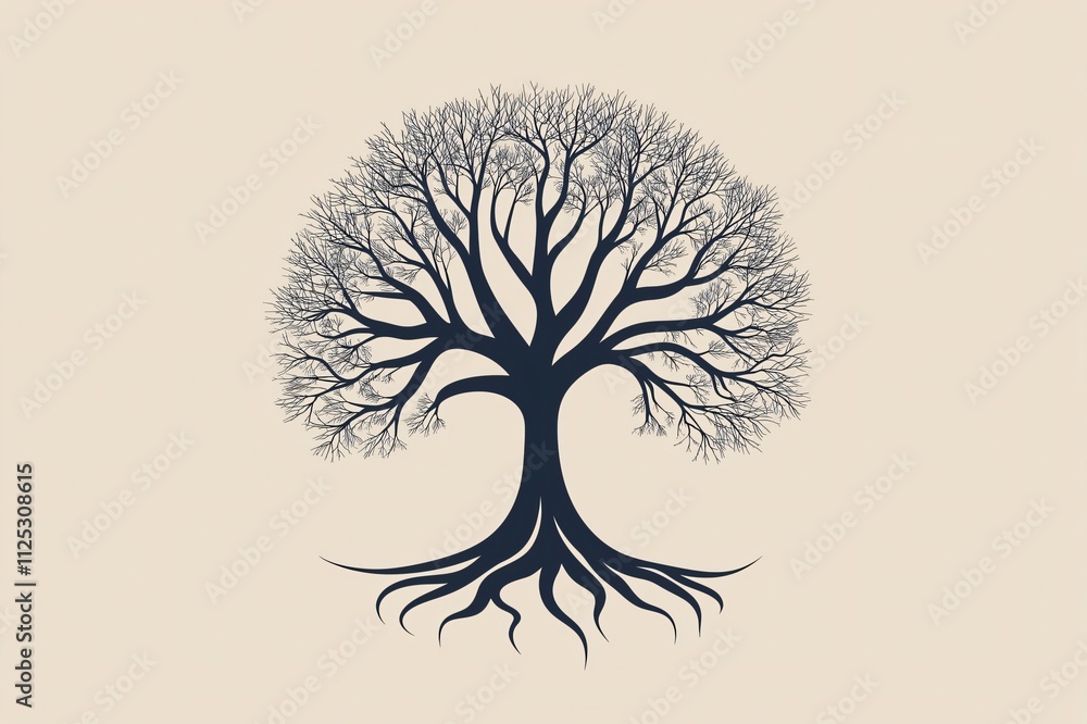 Poster stylized tree silhouette is showing its roots and branches on a plain background