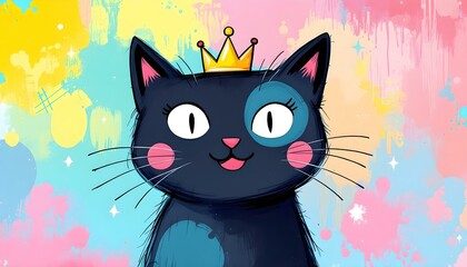 Black Cat with Crown on Abstract Colorful Background
