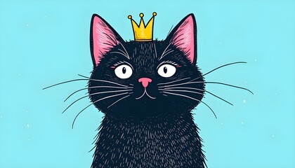Cute Black Cat Wearing Golden Crown on Blue Background