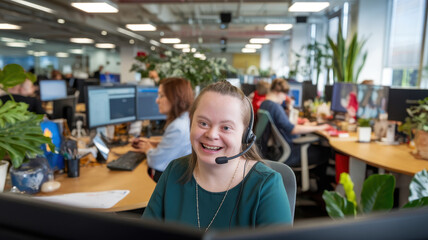 A smiling young woman with Down syndrome working at a modern office, wearing a headset, engaged with her colleagues amidst a vibrant workspace filled with plants.