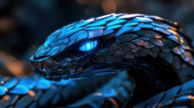 Metallic snake with glowing blue eyes.