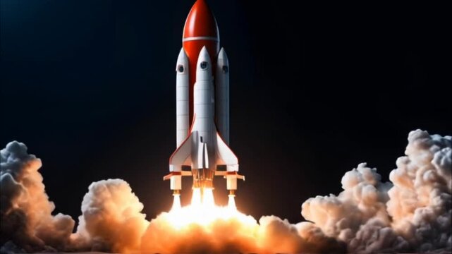 Space rocket launching with fiery thrust and dense smoke under dark night sky, seamless looping 4K time-lapse animation video background. Space exploration and technology concept