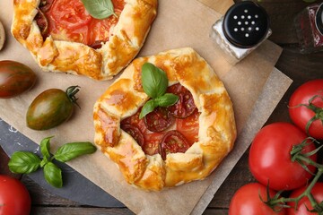 Tasty galettes with tomato and basil on wooden table, flat lay