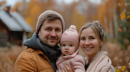 Obraz premium Happy family on vacation in autumn, close-up