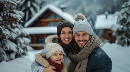 Fototapeta premium family on vacation in winter against the background of a snow-covered house, close-up