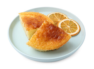 Tasty semolina cake and orange slices isolated on white