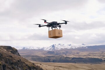 Fototapeta na wymiar Aerial View of a Drone in Flight Delivering Supplies Over Majestic Mountainous Terrain with Bright Natural Lighting Showcasing Expansive Landscape Beauty