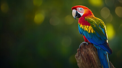 Obraz premium Scarlet macaw perched on driftwood, Vibrant parrot perched on natural wood