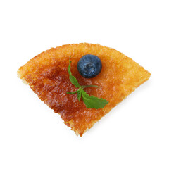 Slice of tasty homemade semolina cake isolated on white, top view