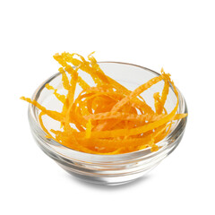 Orange zest in bowl isolated on white