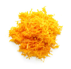 Fresh orange zest isolated on white, top view
