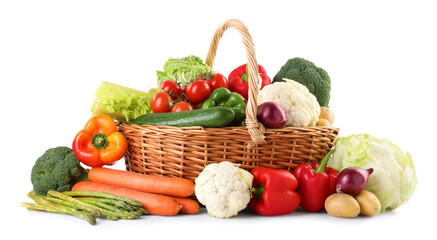 Different ripe vegetables in basket isolated on white