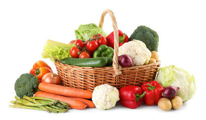 Different ripe vegetables in basket isolated on white