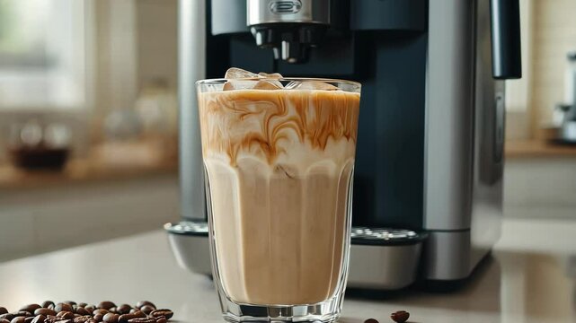 Iced coffee drink prepared with an espresso machine in a modern kitchen setting