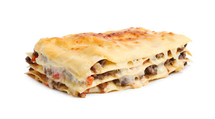 Delicious cooked lasagna isolated on white. Italian cuisine