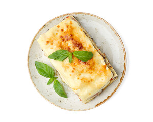 Delicious cooked lasagna with basil isolated on white, top view