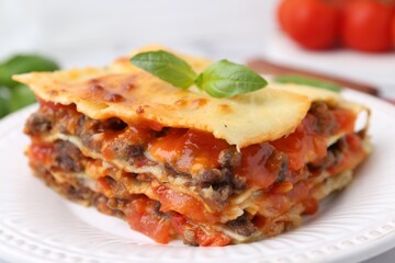 Delicious cooked lasagna with basil on plate, closeup