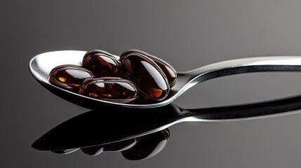 A spoon filled with shiny omega- fish oil capsules, placed on a clean, reflective surface