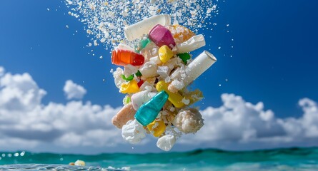 Colorful plastic debris floats underwater, highlighting pollution in marine environments, with bubbles rising in a bright, clear ocean setting.