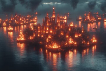 Naklejka premium A dramatic scene of a burning city on an island, illuminated by flames at dusk.