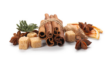 Different aromatic spices isolated on white. Christmas season