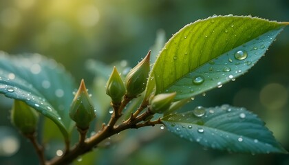 Fototapeta premium Close-up of fresh green leaves with water droplets on a branch in a natural setting