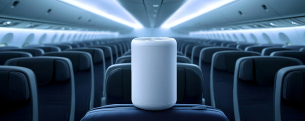 Fototapeta premium A modern audio device sits prominently on a passenger seat in an empty airplane cabin, showcasing a blend of technology and travel.